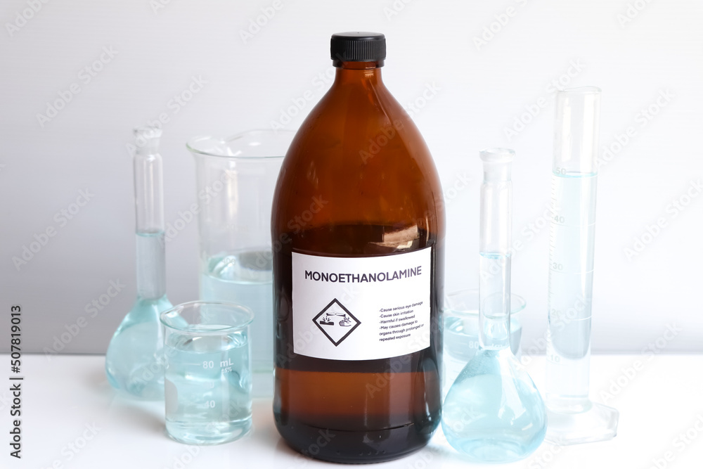 Poster monoethanolamine in bottle, chemical in the laboratory