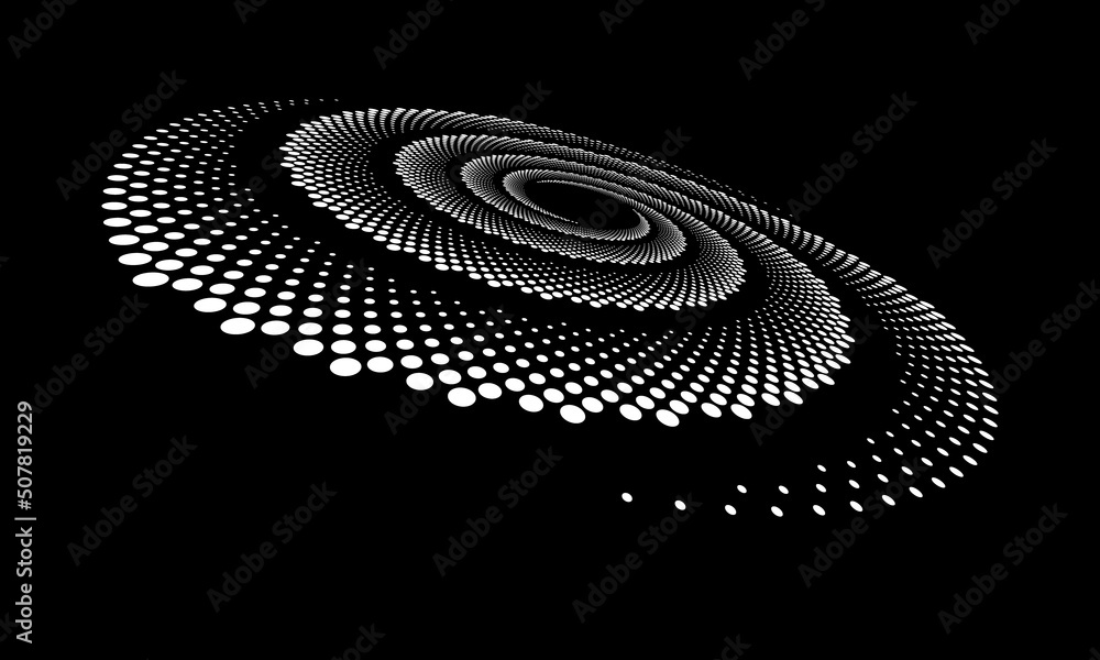 Poster perspective view to abstract halftone dotted circle. spiral universe concept.
