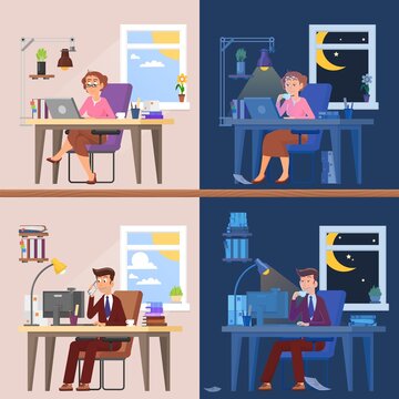 Work day and night. Tired and exhausted woman and man. Late working with computer, deadline time. Busy people, decent workers vector characters