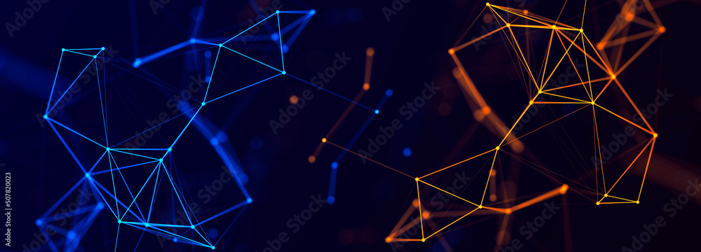 Fototapete Abstract polygonal space with connecting dots and lines. Dark background. Connection structure. 3d Widescreen