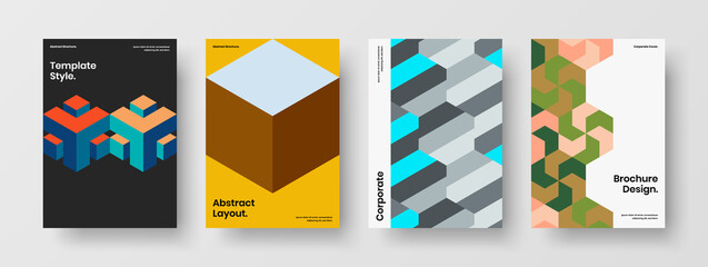 Modern geometric hexagons magazine cover illustration collection. Unique flyer vector design layout bundle.