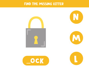 Find missing letter with metal lock. Spelling worksheet.