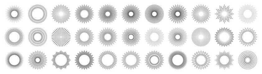 Set of Sunburst. Big collection sunburst best quality. Star, firework explosion, logo, emblem, tag. Web banner. Vector Illustration.