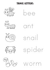 Trace words. Educational game for kids. Cute insects.