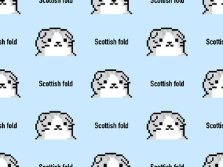 Scottish fold cartoon character seamless pattern on blue background. Pixel style.