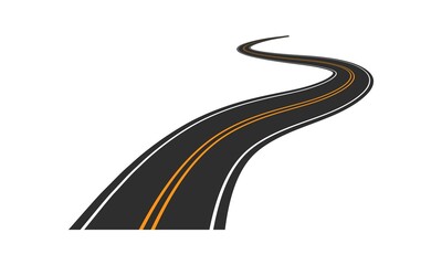 Highway with sharp turn. Blank black asphalt road and yellow markings with curves. Complicated journey with constant attention and vector concentration