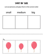 Sort pink balloons by size. Educational worksheet for kids.