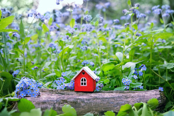 wooden red toy house and blue flowers of forget me not in garden, blurred green natural background....