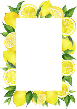 Watercolor lemon frame. Yellow tropical fruits and leaves composition. Border isolated on white background. Hand painted botanical illustration. Trend home decor.