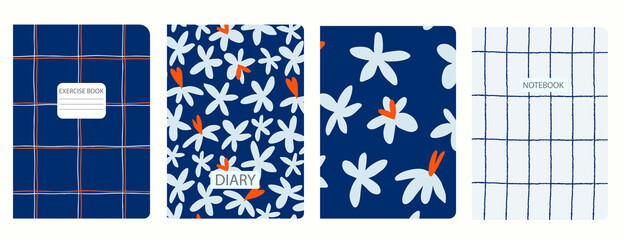 Set of cover page templates based on patterns with anemone, poppy flowers in Ditzy style and gridlines. Backgrounds for notebooks, notepads, diaries. Headers isolated and replaceable