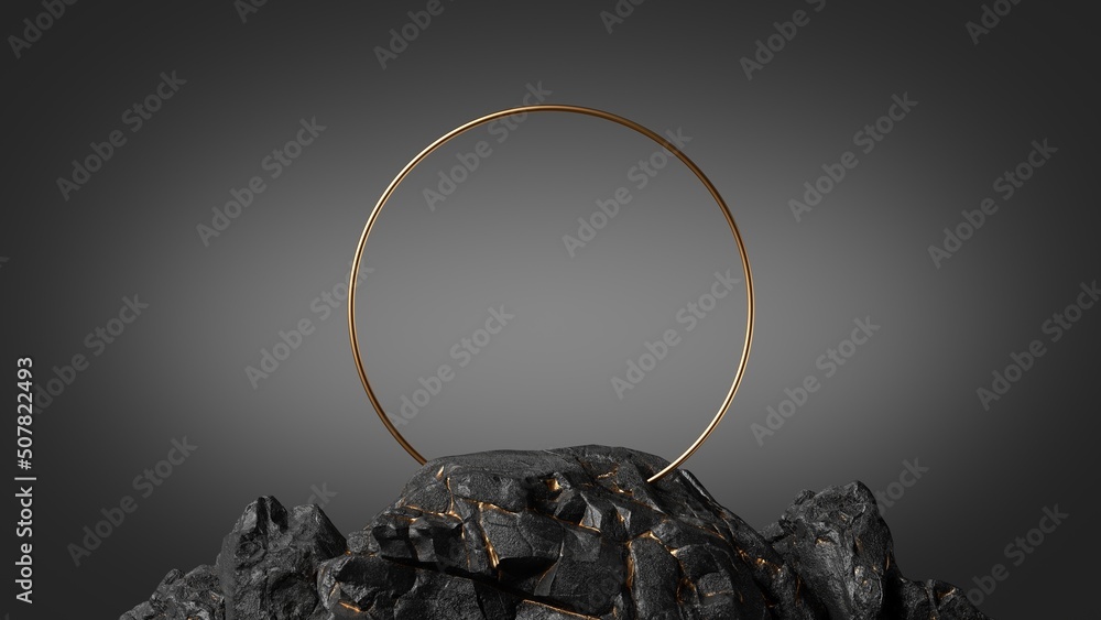 Poster 3d render, abstract black background with rocky ground and golden round frame, showcase scene with e
