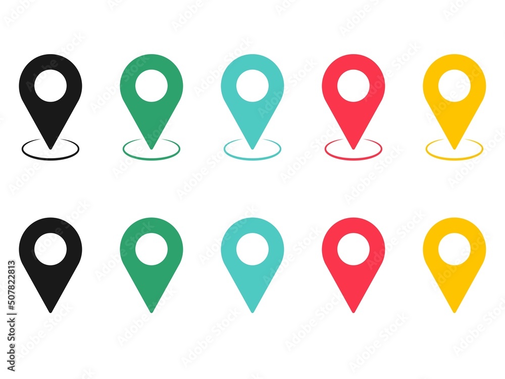 Poster different location pointers icons set in color. pins set. gps navigation, place location. help in mo