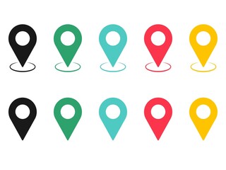 Different location pointers icons set in color. Pins set. GPS navigation, place location. Help in moving. Vector illustration.