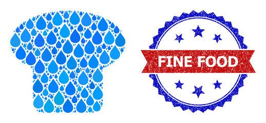 Vector mosaic mushroom, and bicolor textured Fine Food stamp. Mushroom mosaic for pure water ads. Mushroom is designed with blue clean liquid raindrops.