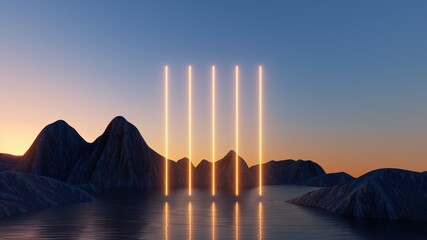 rendu 3d. Fond d& 39 écran abstrait avec coucher de soleil ou lever de soleil et lignes lumineuses verticales au néon. Paysage mystique avec rochers et reflet dans l& 39 eau