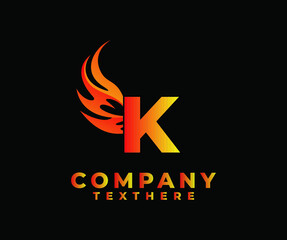 Letter K with Wing Logo. flame or fire gradient color logo.