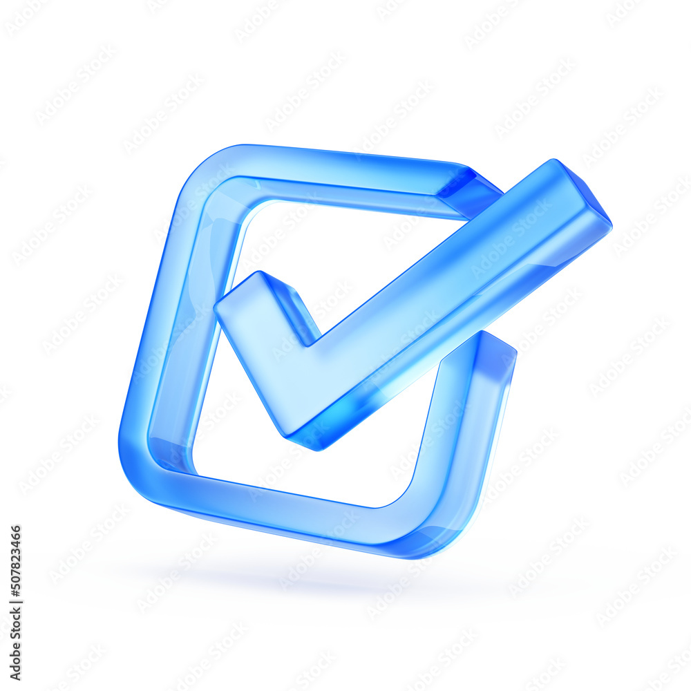 Poster check mark sign in square - blue check icon or logo isolated on white - 3d rendering