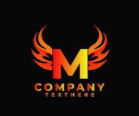 Letter M with Wing Logo. flame or fire gradient color logo.