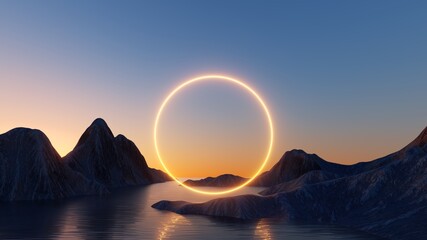 3d render. Abstract wallpaper with sunset or sunrise and round geometric shape. Mystic landscape with mountains, water and glowing neon ring. - 507823415
