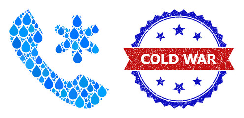 Vector mosaic cold call, and bicolor scratched Cold War seal stamp. Cold call mosaic for pure water advertisement. Cold call is created with blue clean water dews.