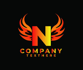 Letter N with Wing Logo. flame or fire gradient color logo.