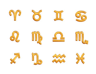Zodiac signs.  Gold icons set with astrology symbols for horoscope template. Shiny metallic zodiac icons isolated on white background for design.