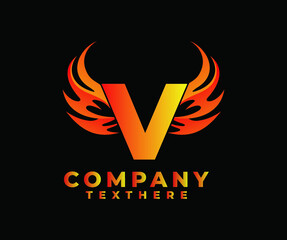 Letter V with Wing Logo. flame or fire gradient color logo.