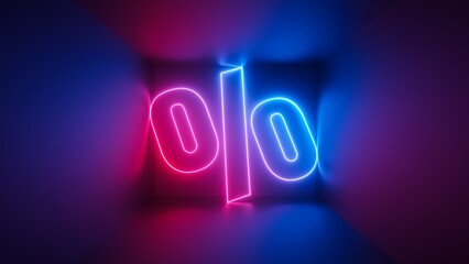 3d render, abstract background with percent sign inside the square box, glowing with pink blue neon light