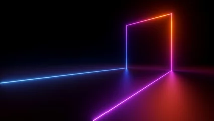 Fotobehang 3d render, abstract geometric line glowing with colorful neon light over black background © wacomka