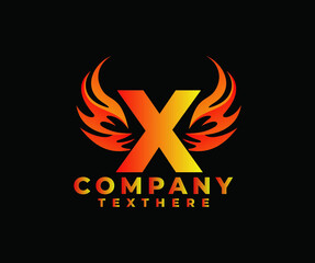 Letter X with Wing Logo. flame or fire gradient color logo.