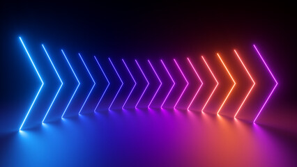 3d render, abstract panoramic neon background with arrows showing right direction, blue pink red gradient
