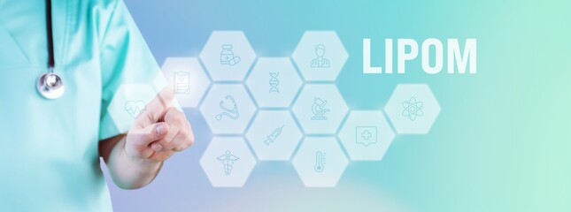 Lipom. Männlicher Arzt zeigt mit Finger auf digitales Hologramm aus Icons. Text mit medizinischen...