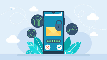Data protection. Cartoon flat mobile with a lock on screen, internet security service for social media privacy information, secure payment with password protection landing page. Vector illustration