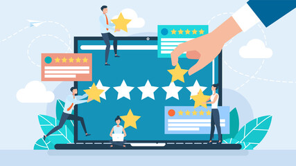 Fototapeta na wymiar Customer reviews concept. Tiny characters giving five stars rating and review, positive feedback. Customer Service and User Experience. Team and rating concept. Flat illustration. Vector illustration