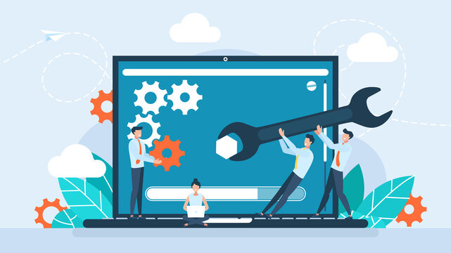 User interface customization, programming. Concept of creating, setting personal pages, and repairing. User customizes settings on monitor. Laptop screen with users personal page. Vector illustration