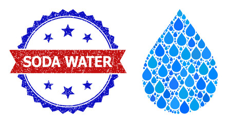 Vector mosaic water drop, and bicolor scratched Soda Water seal stamp. Water drop mosaic for clean water ads. Water drop is composed with blue drinking water tears.
