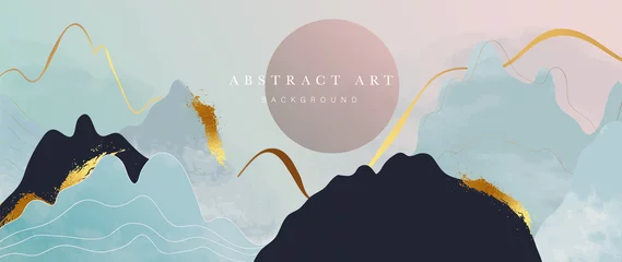 Selbstklebende Fototapeten Abstract watercolor background vector. Luxury wallpaper with paint brush and gold line art. Mountains, hills, sun, blue watercolor illustration for prints, wall art, cover and invitation cards. © TWINS DESIGN STUDIO