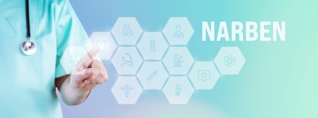 Narben. Männlicher Arzt zeigt mit Finger auf digitales Hologramm aus Icons. Text mit medizinischen...