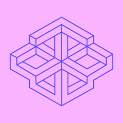 Optical illusion logo. Impossible shapes. Sacred geometry figures. Abstract eternal geometric objects. Impossible endless outline shapes. Optical art. Impossible geometry shape on a pink background.