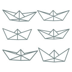 Set of vector illustrations of paper boat icons. Outline simple craft paper boat isolated on white background. Icon symbol of travel and sea.