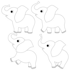 Set of cheerful elephants. Coloring book page template for children.
