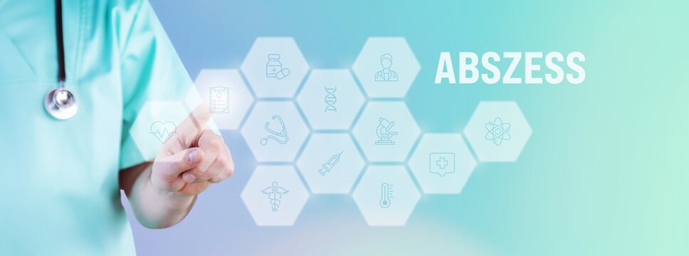 Abszess. M&auml;nnlicher Arzt zeigt mit Finger auf digitales Hologramm aus Icons. Text mit medizinischen Begriff. Konzept f&uuml;r Digitalisierung in der Medizin