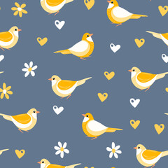 Seamless pattern with funny colorful birds, flowers, leaves and berries. Color flat vector illustration with little cartoon bird. Cute characters. Design for invitation, poster, card, textile, fabric