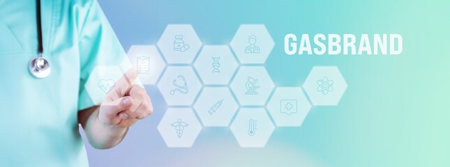 Gasbrand. Männlicher Arzt zeigt mit Finger auf digitales Hologramm aus Icons. Text mit...