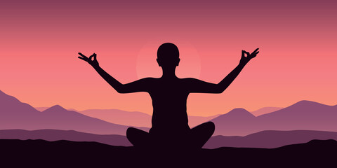 Fototapeta premium meditation human silhouette with purple mountains background