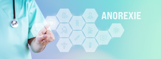 Anorexie (Magersucht). Männlicher Arzt zeigt mit Finger auf digitales Hologramm aus Icons. Text...