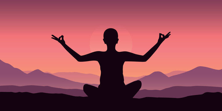 meditation human silhouette with purple mountains background