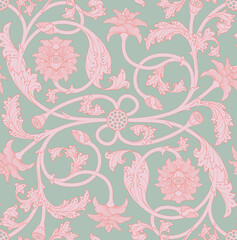 Seamless three tone pattern of ornamental, Indian lotus flowers, buds, bods, leaves and tendrils in pink, red and celadon green