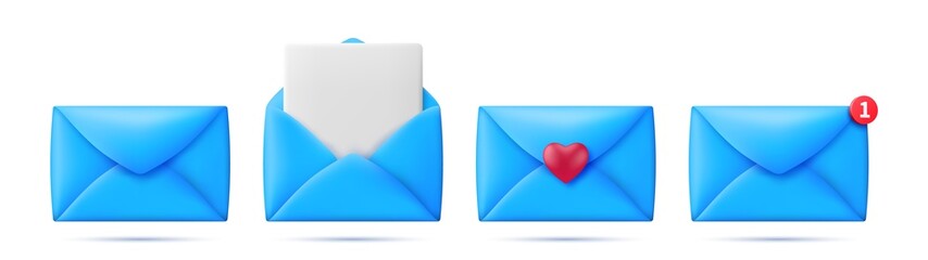Set of 3d blue mail envelope icons