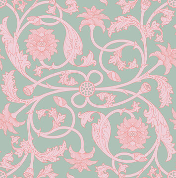 Seamless three tone pattern of ornamental, Indian lotus flowers, buds, bods, leaves and tendrils in pink, red and celadon green
